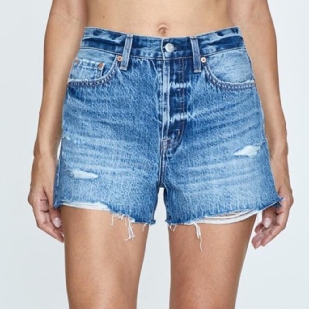 Pistola NWOT Nova Factory Distressed Blue Denim Shorts, Button Fly Ret $118 S 24